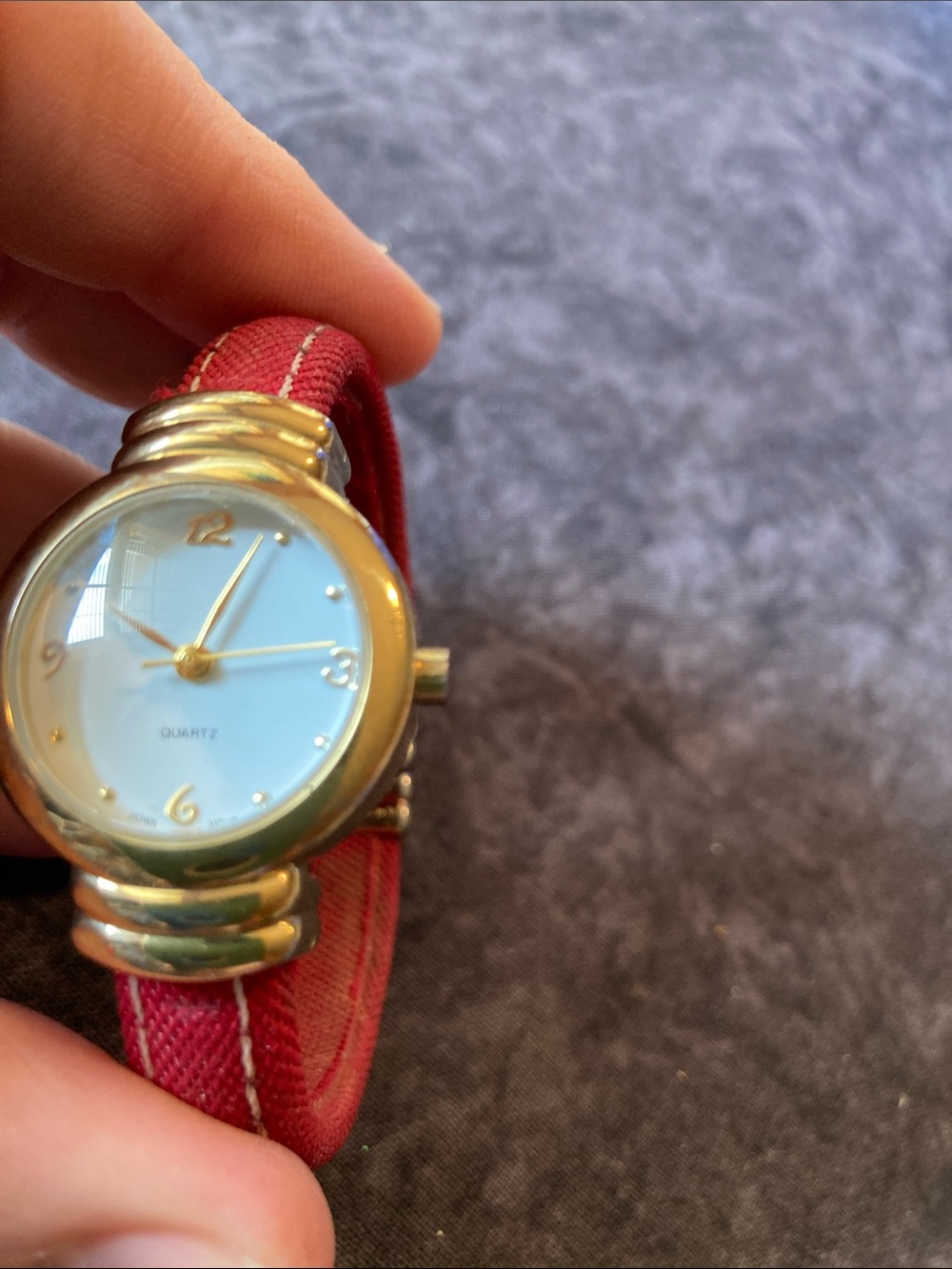 Women's Gold-Tone Quartz Watch with Red Fabric Cuff keeps perfect time